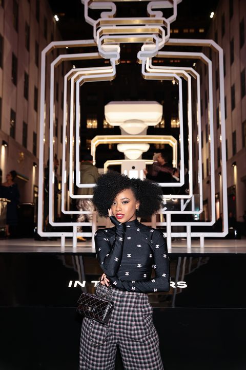 new york, new york   november 05 alyah chanelle scott attends the chanel party wearing chanel to celebrate the debut of chanel n°5 in the stars at rockefeller center on november 05, 2021 in new york city photo by dimitrios kambouriswireimage