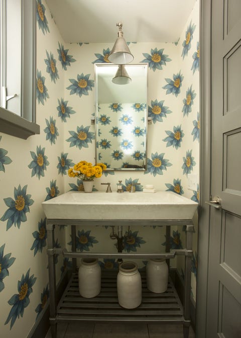 Bathroom, Room, Blue, Property, Yellow, Interior design, Sink, Tile, Wall, Floor, 