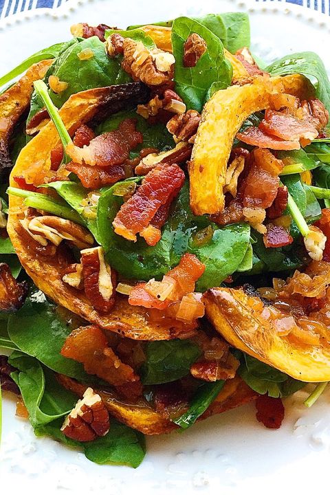 Crispy Butternut Squash Spinach Salad with Bacon-Shallot Vinaigrette vegetable side dish recipe