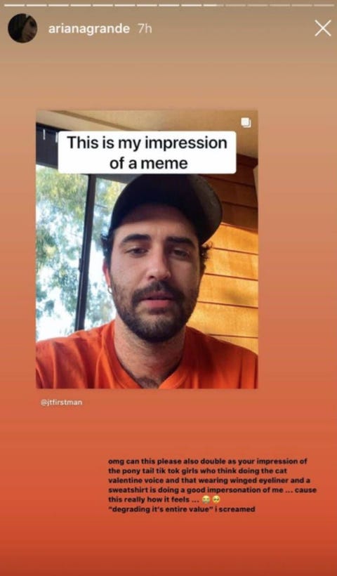 ariana grande instagram story about impersonations of her