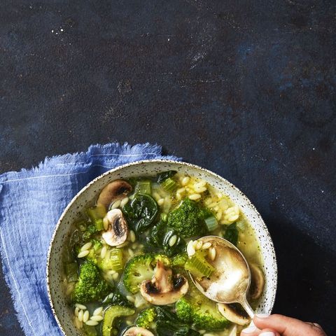 vegetarian soup recipes supergreen mushroom  orzo soup