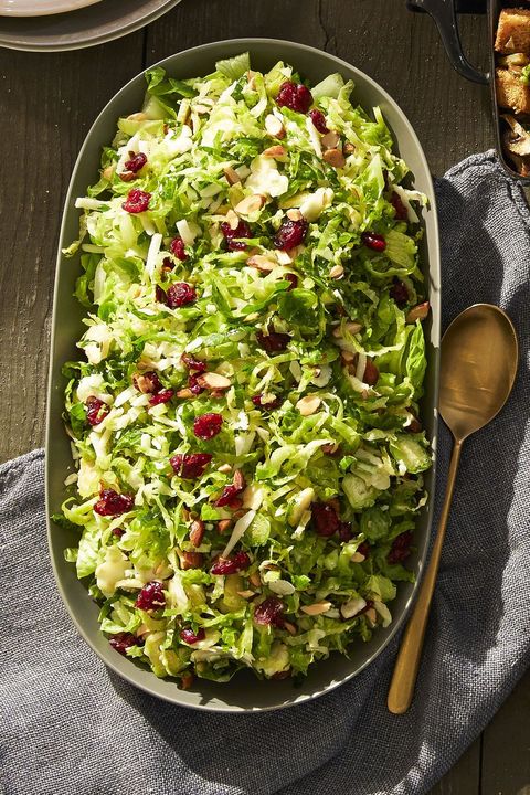 lemony brussels sprout salad with cranberries on top