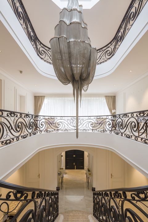 Ceiling, Property, Interior design, Architecture, Building, Room, Chandelier, Wall, House, Stairs, 