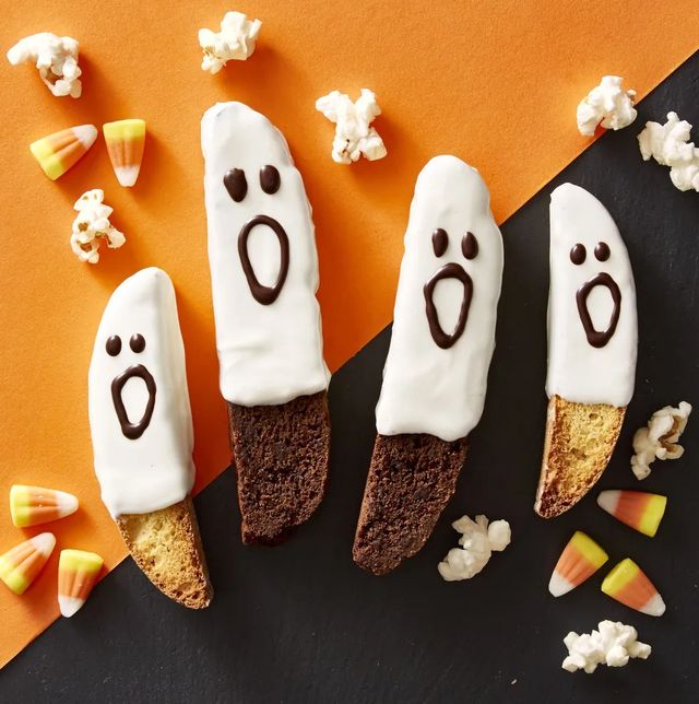 white chocolate dipped biscotti made into ghosts