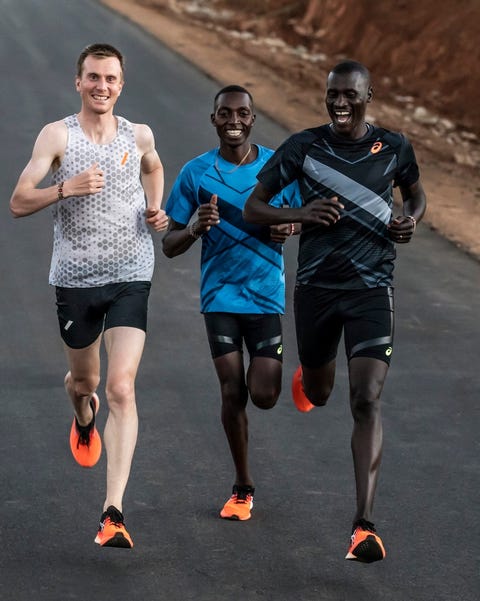 men running wearing asics metaspeed sky