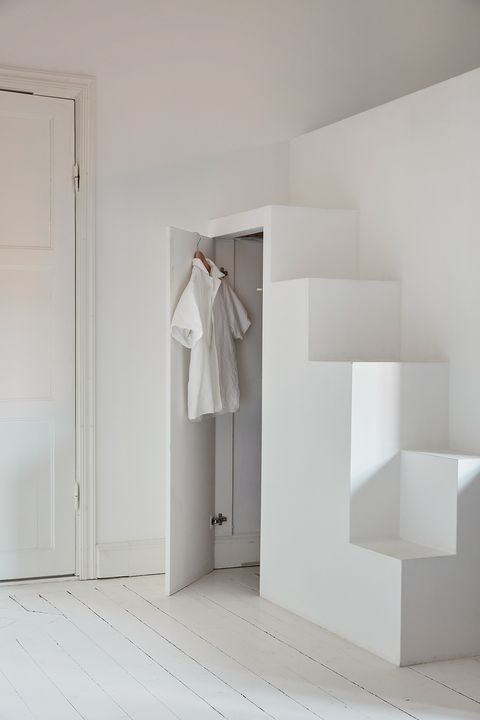 White, Room, Furniture, Interior design, Wall, Floor, Material property, House, Architecture, Shelf, 