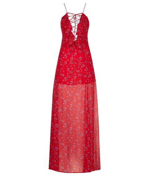 Clothing, Dress, Day dress, Gown, Red, Formal wear, Cocktail dress, Neck, Pattern, One-piece garment, 
