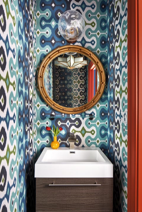 Blue, Room, Property, Interior design, Wall, Tile, Wallpaper, Bathroom, Furniture, Ceramic, 