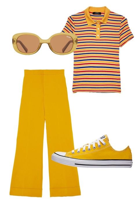 Clothing, Yellow, White, Orange, Footwear, T-shirt, Font, Sleeve, Shoe, Trousers, 