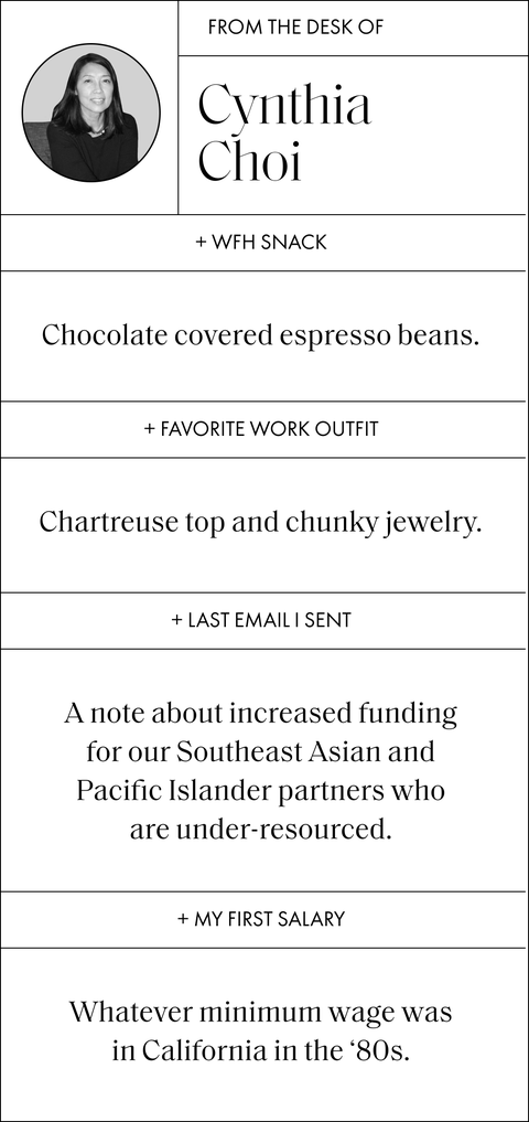 cynthia choi favorite wfh snack is chocolate covered espresso beans, first salary is minimum wage in california, last email was about funding, and wfh outfit is chartreuse shirt and chunky jewelry