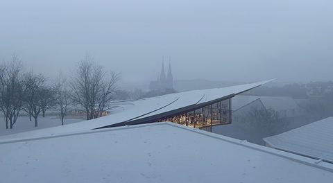 這一次把地點移動到遠端的北歐國度——挪威，隈研吾攜手mad arkitekter與buro happold，策劃了位在挪威希恩市的「易卜生圖書館」（the ibsen library），用大量的木頭打造弧型迴廊，將成為當地最美文化中心。