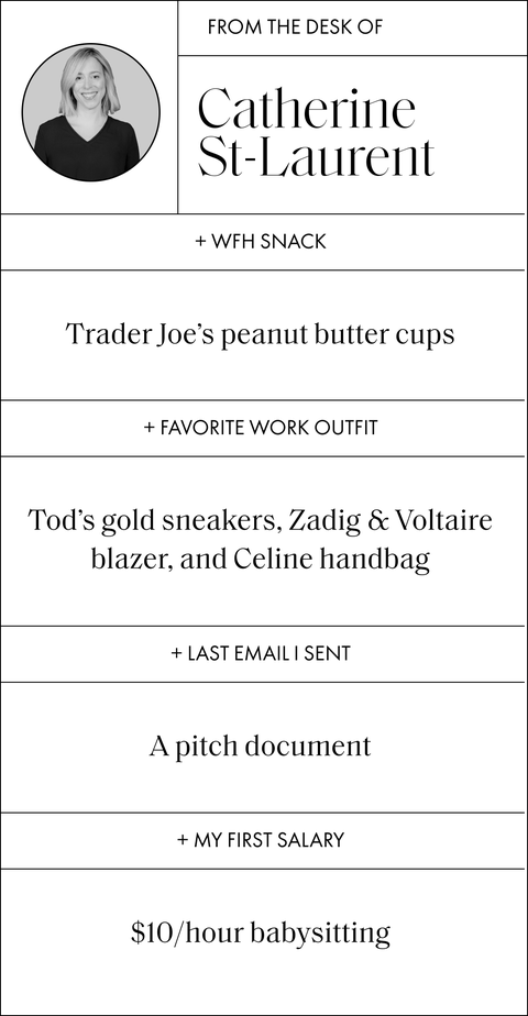 from the desk of catherine st laurent, first salary is ten dollars and hour, last email she sent is a pitch document, wfh outfit is tods sneakers zadig and voltaire blazer and celine handbag, wfh snack is trader joes peanut butter cups