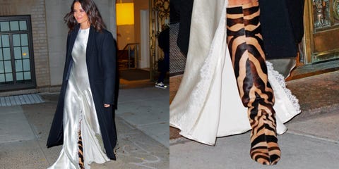 Katie Holmes Pairs Khaite Animal Print Boots With Long Silver Dress