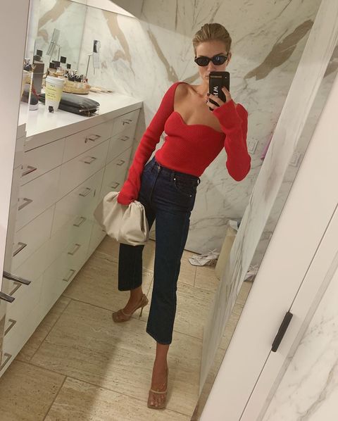 Clothing, Red, Standing, Shoulder, Leg, Waist, Arm, Joint, Jeans, Selfie, 