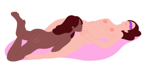 one person lying back on bed with face covered with sheet or blindfold other person is giving them oral