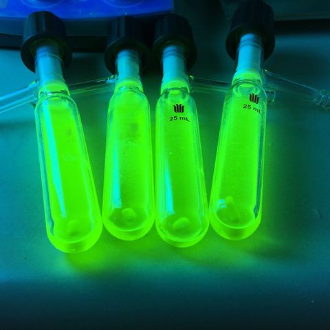 cupcp gives off an intense green glow not only when current is applied, but also under uv light