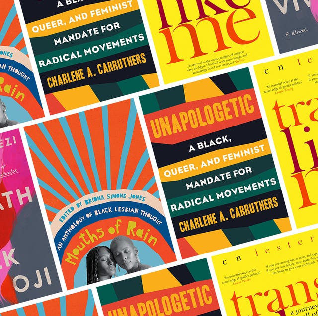 a collage of the following book covers trans like me, the death of vivek oji, mouths of rain, and unapologetic