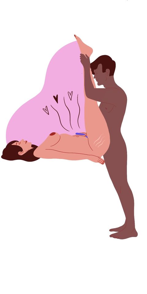 best spring sex positions   one woman is on her back with hips at the edge of the bed and legs straight up  her partner stands and holds her ankles, opening and closing her legs our girl is masturbating with hand or toy
