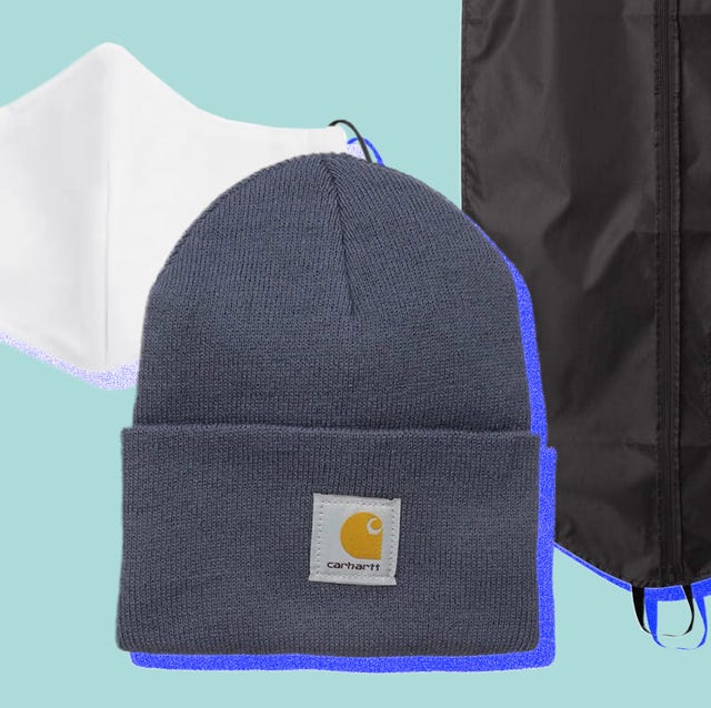 mask, knit hat, garment bag