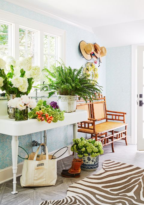 colleen bashaw entryway flowers, blue floral wallpaper