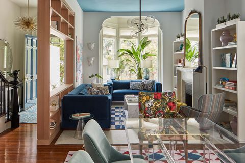blue ceiling, blue sofa, living room,