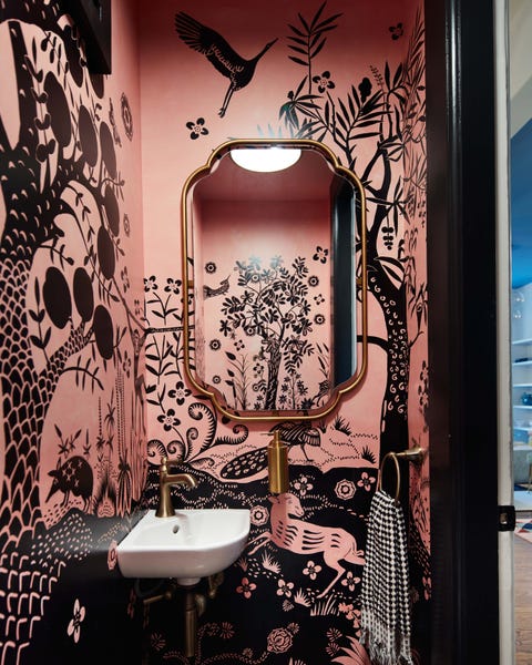 powder room, wallpaper, pink