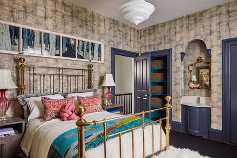 bed, wallpaper, brass bed, blue paint, pillows, pendant