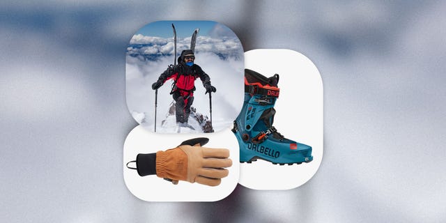 collage of man wearing jones outerwear, dalbello boot, and  north face glove