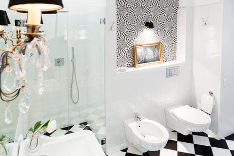 stylish black and white bathroom interior with checkered patterns image on the wall you may buy separately 18038987