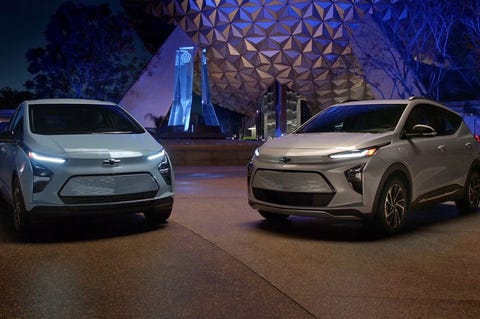 2022 Chevrolet Bolt EUV and Bolt EV 2022 bolt euv and redesigned bolt ev in front of spaceship earth