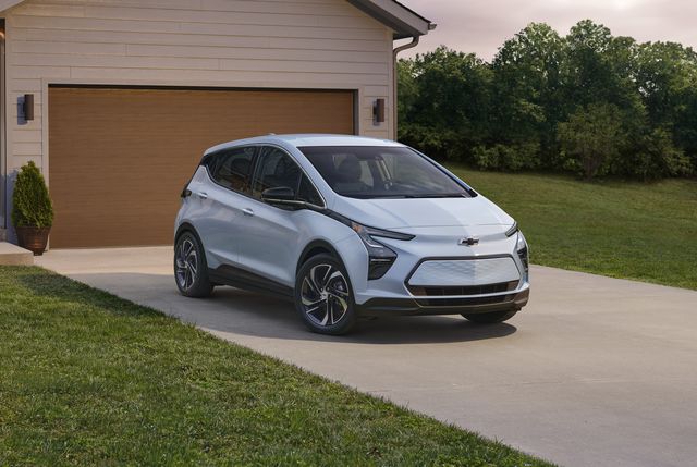 2023 bolt ev front three quarter backed in on a residential driveway