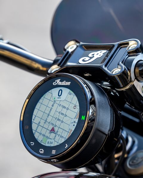 Close up of the navigation on a 2023 Indian Sport Chief motorcycle