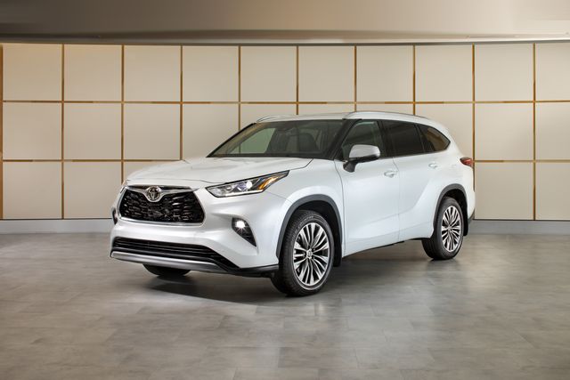 2023 toyota highlander parked in a show room