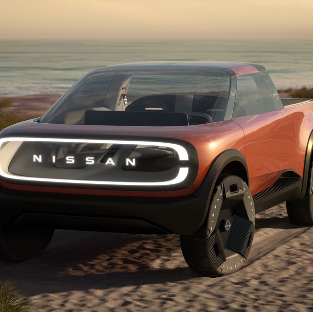nissan surf out electric pickup truck concept on a beach
