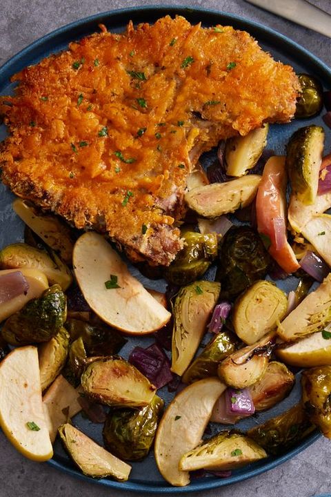 crispy cheddar pork chops with brussels sprouts and apples