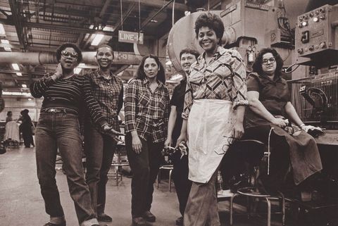 "press operators, gm fisher body trim plant, fort street, detroit michigan," 1982, russ marshall, american gelatin silver print