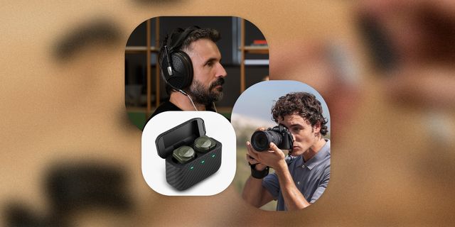 collage of earbuds in a case, a man wearing headphones, and a man shooting a camera