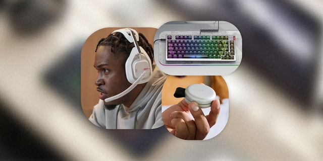 collage of a man with headphones, a keyboard on a desk, and a person holding a charger