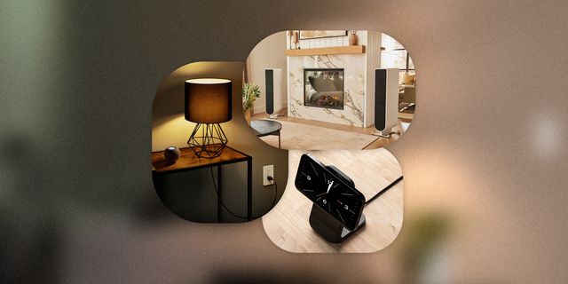 collage of a lamp on a table, speakers next to a fire place, and a phone on a charger