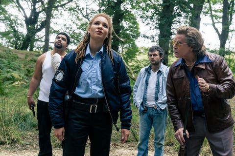 from left daveed o'shea jackson, jr, officer reba ayoola smart, eddie alden ehrenreich and syd ray liotta in cocaine bear, directed by elizabeth banks