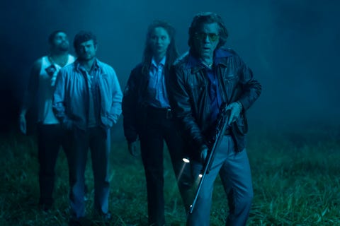 from left daveed o'shea jackson, jr, eddie alden ehrenreich, officer reba ayoola smart and syd ray liotta in cocaine bear, directed by elizabeth banks