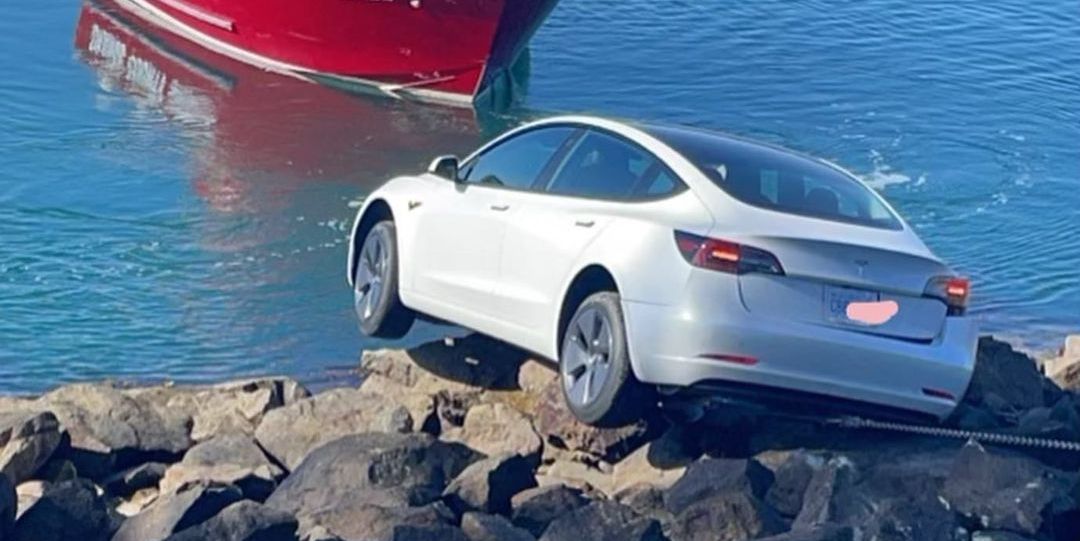 Tesla Driver Hits Gas Not Brakes, Launches Onto Jetty