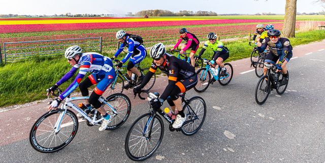 wielrenners fietsend langs een tulpenveld in bloei