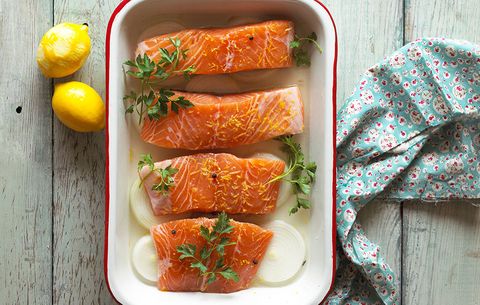 pan of salmon- foods like salmon help improve pms symptoms