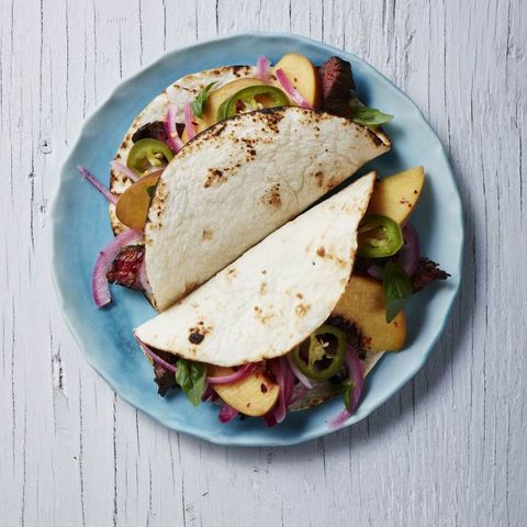 Grilled Steak Tacos with Pickeled Peach and Onion
