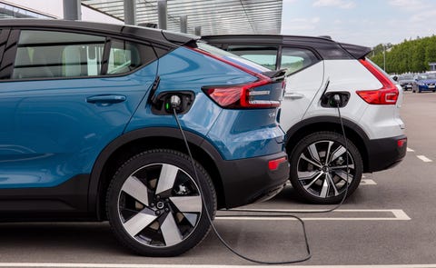 Pure electric Volvo C40 and XC40 Recharge at a charging station 2022 volvo c40 recharge and xc40 recharge