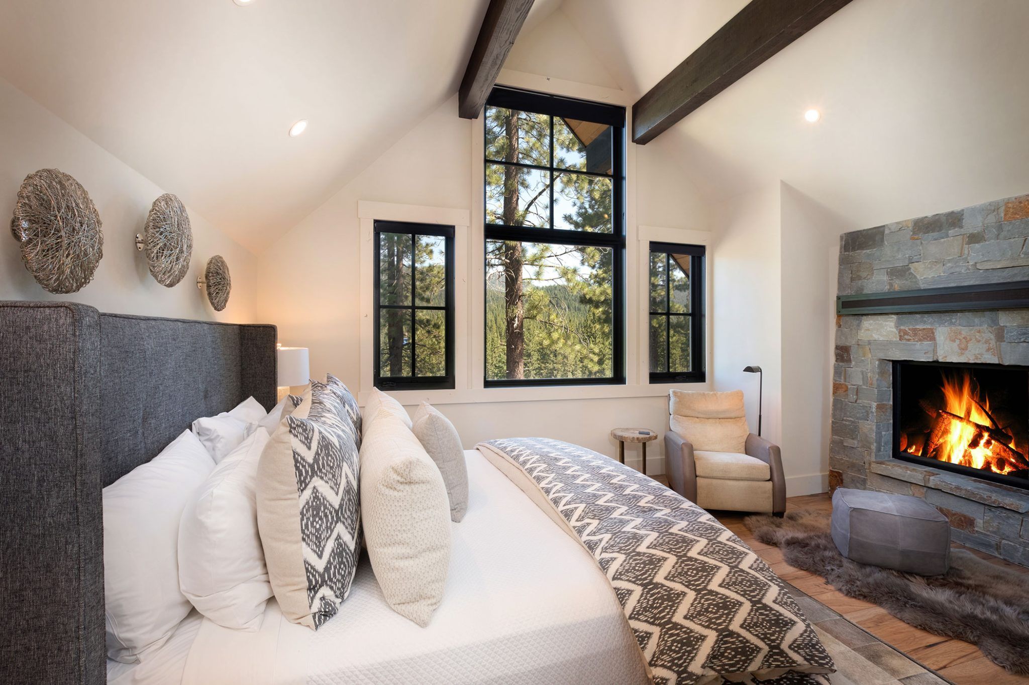 modern cabin master bedroom