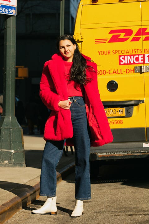 Street fashion, Red, Yellow, Fashion, Jeans, Transport, Standing, Snapshot, Jacket, Street, 