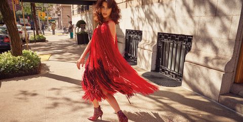Red, Clothing, Dress, Fashion, Beauty, Snapshot, Shoulder, Footwear, Photography, Formal wear, 