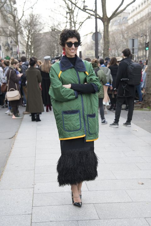 Street fashion, Photograph, Fashion, Green, Fur, Snapshot, Standing, Outerwear, Street, Sunglasses, 